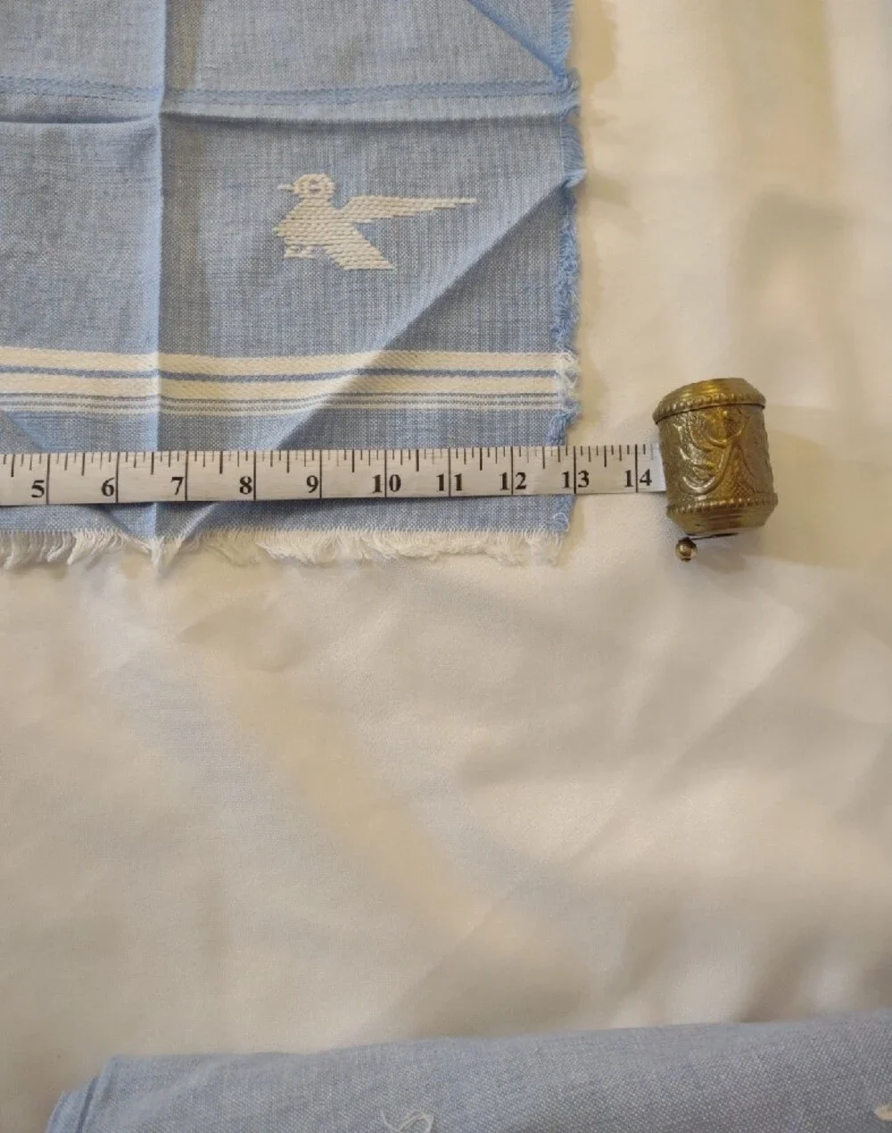 Vintage Hand Woven/Embroidered Lt. Blue Striped Napkin & Table Cloth/Runner Set